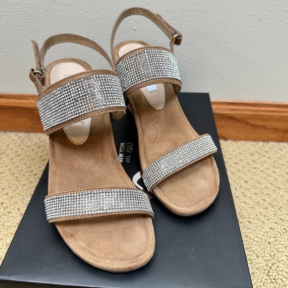 Nina Sigrid Faux Suede Wedge Sandals Rhinestones Embellished Tan Women's 7